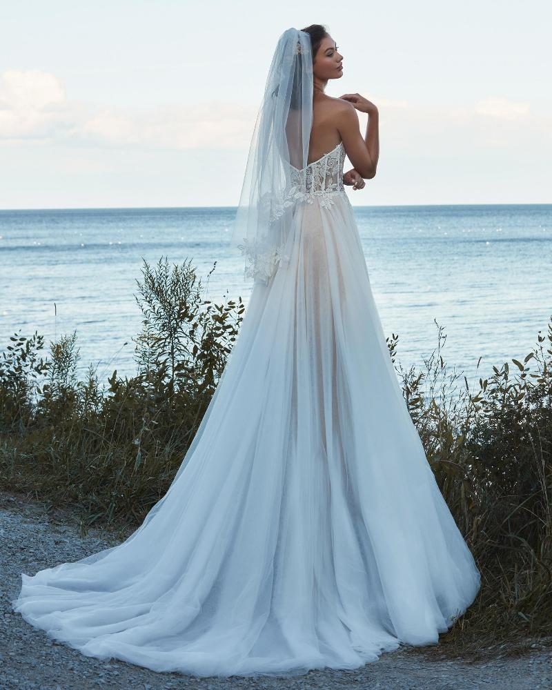 La21104 strapless tulle wedding dress with lace and removable sleeves 6